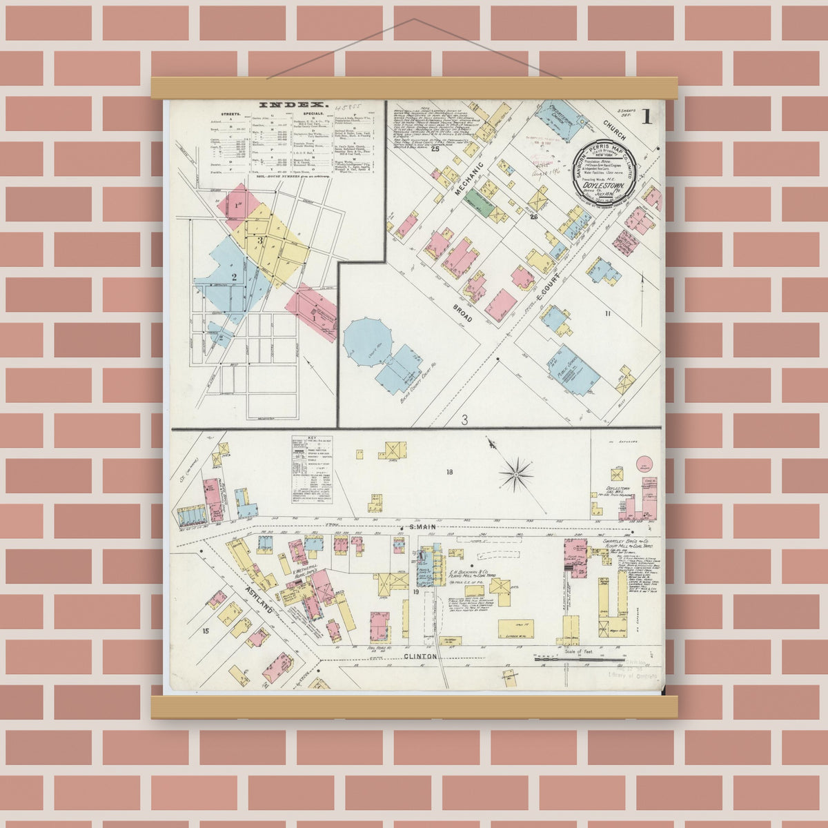 Old map wall art mockup — magnetic wood frame on brick wall — Sanborn Fire Insurance Map from Doylestown, Bucks County, Pennsylvania (1896), Sheet #0001