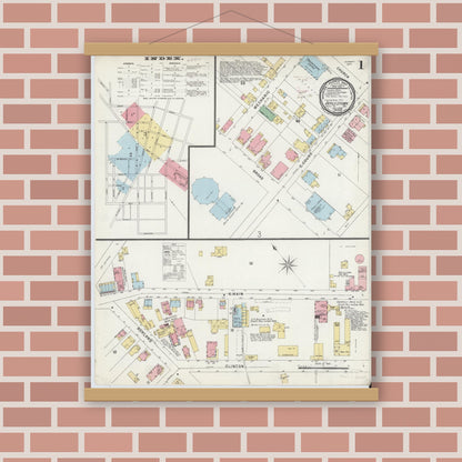 Old map wall art mockup — magnetic wood frame on brick wall — Sanborn Fire Insurance Map from Doylestown, Bucks County, Pennsylvania (1896), Sheet #0001