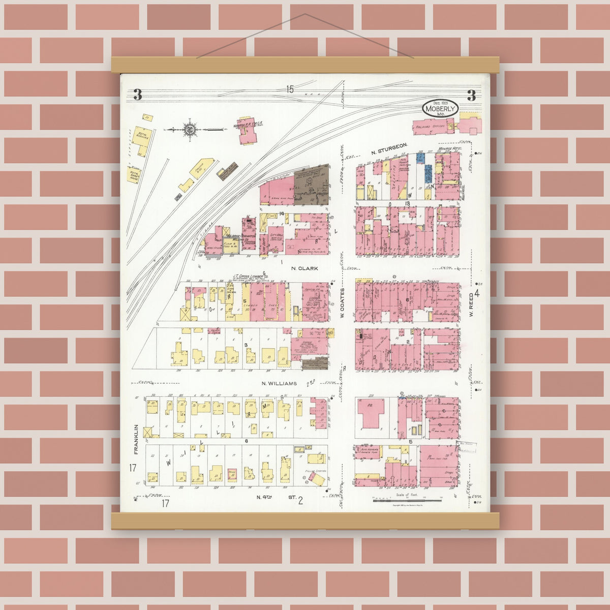 Old map wall art mockup — magnetic wood frame on brick wall — Sanborn Fire Insurance Map from Moberly, Randolph County, Missouri (1923), Sheet #0003