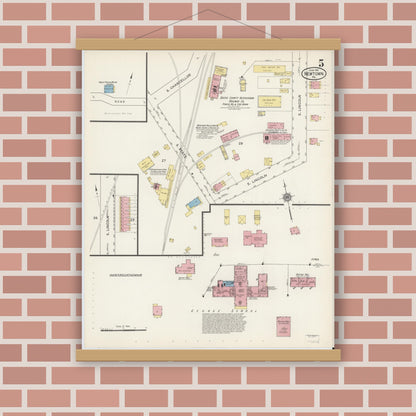 Old map wall art mockup — magnetic wood frame on brick wall — Sanborn Fire Insurance Map from Newtown, Bucks County, Pennsylvania (1915), Sheet #0005