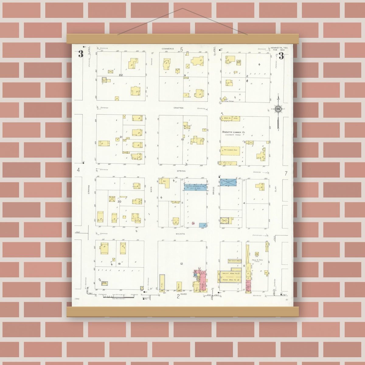 Old map wall art mockup — magnetic wood frame on brick wall — Sanborn Fire Insurance Map from Henrietta, Clay County, Texas (1934), Sheet #0003