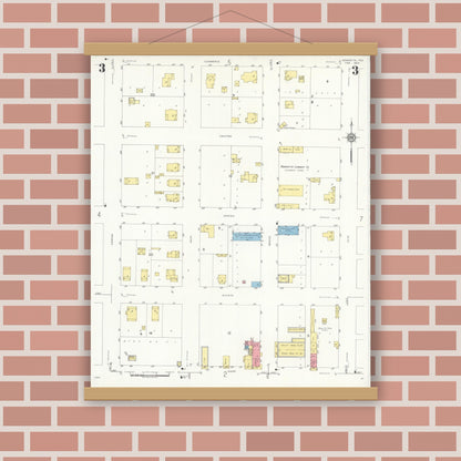 Old map wall art mockup — magnetic wood frame on brick wall — Sanborn Fire Insurance Map from Henrietta, Clay County, Texas (1934), Sheet #0003