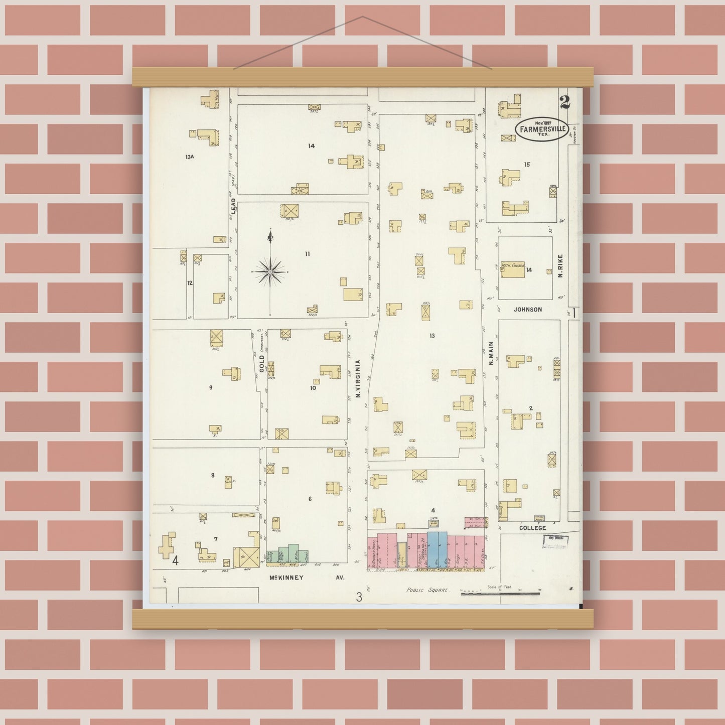Old map wall art mockup — magnetic wood frame on brick wall — Sanborn Fire Insurance Map from Farmersville, Collin County, Texas (1897), Sheet #0002