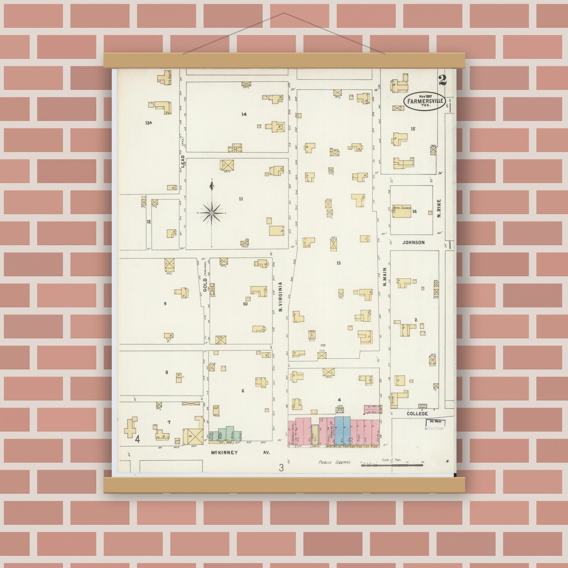 Old map wall art mockup — magnetic wood frame on brick wall — Sanborn Fire Insurance Map from Farmersville, Collin County, Texas (1897), Sheet #0002