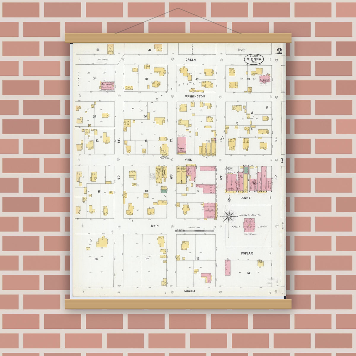 Old map wall art mockup — magnetic wood frame on brick wall — Sanborn Fire Insurance Map from Vienna, Johnson County, Illinois (1900), Sheet #0002