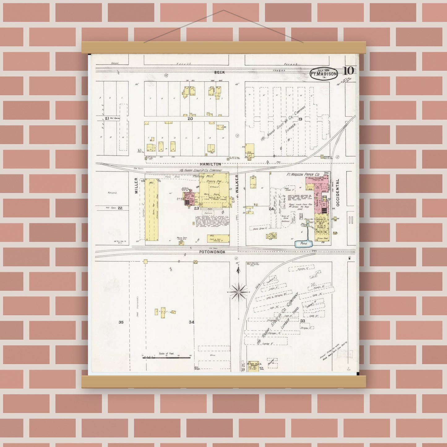 Old map wall art mockup — magnetic wood frame on brick wall — Sanborn Fire Insurance Map from Fort Madison, Lee County, Iowa (1894), Sheet #0010