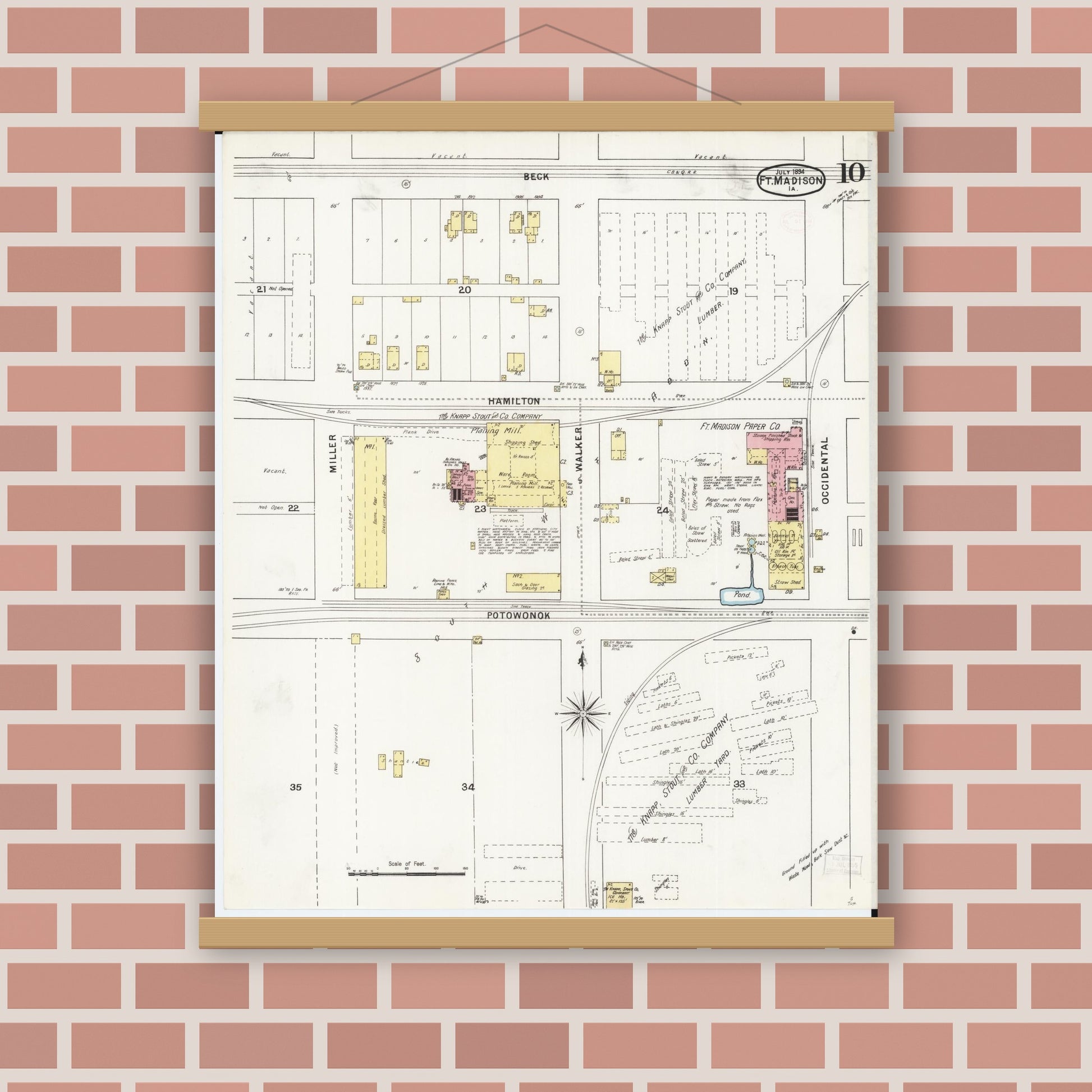 Old map wall art mockup — magnetic wood frame on brick wall — Sanborn Fire Insurance Map from Fort Madison, Lee County, Iowa (1894), Sheet #0010