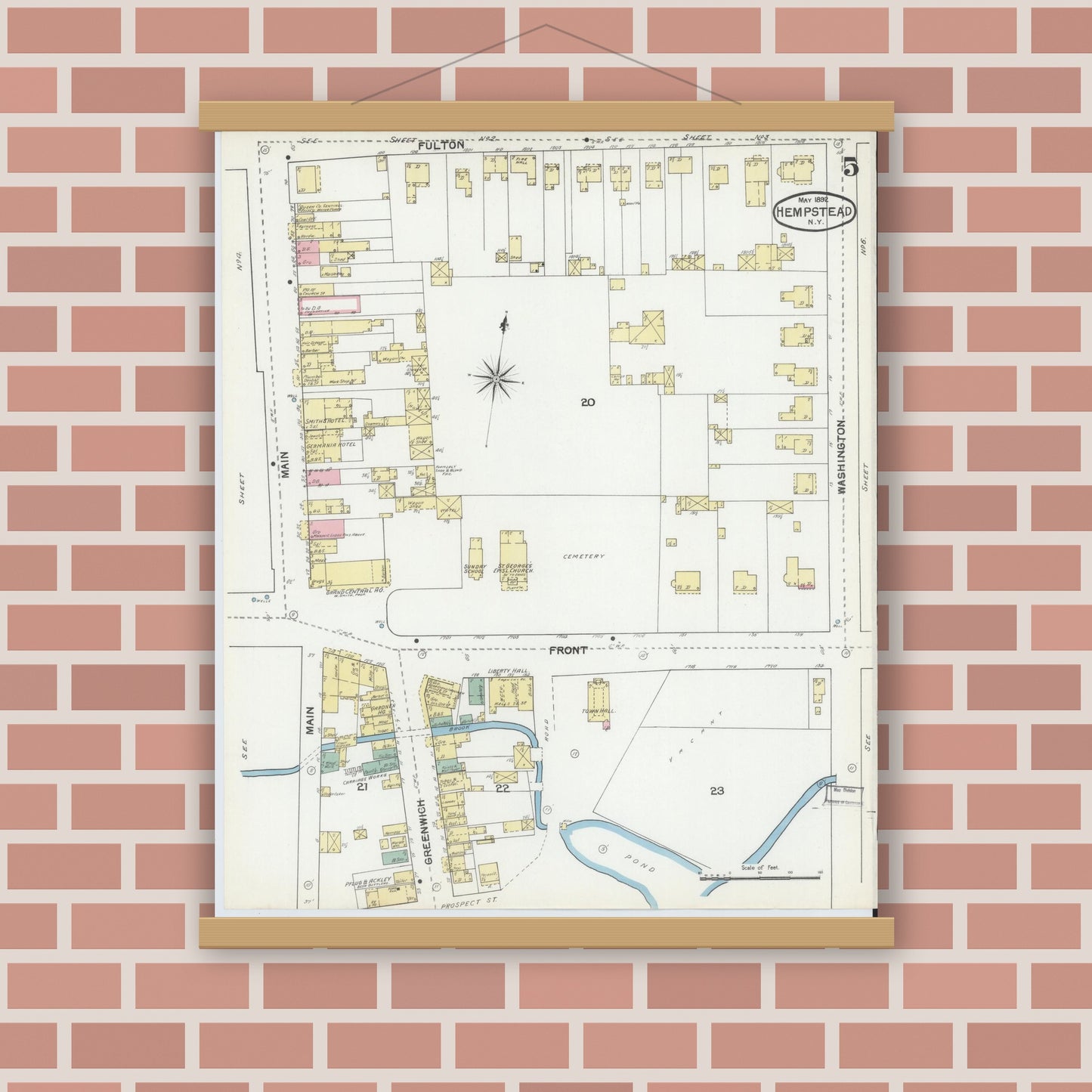Old map wall art mockup — magnetic wood frame on brick wall — Sanborn Fire Insurance Map from Hempstead, Nassau County, New York (1892), Sheet #0005