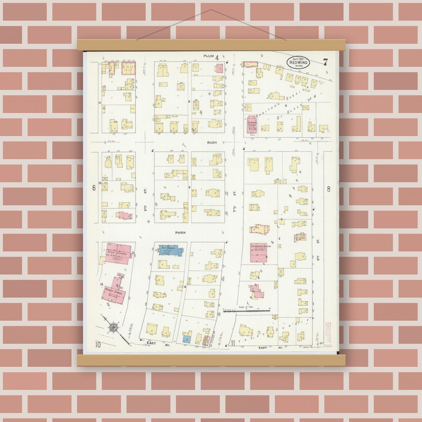 Old map wall art mockup — magnetic wood frame on brick wall — Sanborn Fire Insurance Map from Red Wing, Goodhue County, Minnesota (1910), Sheet #0007