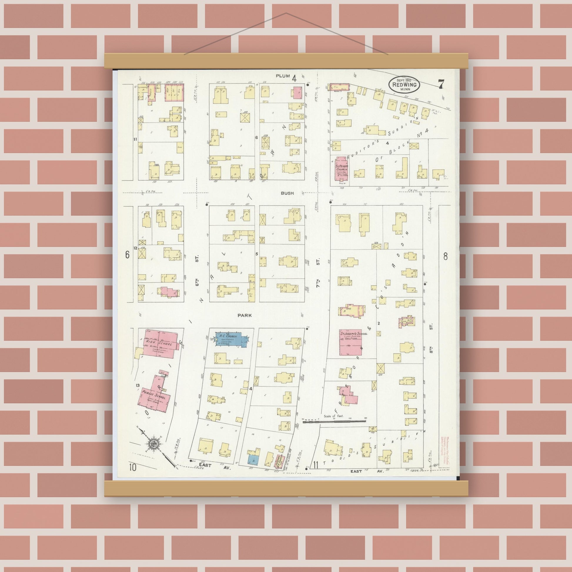 Old map wall art mockup — magnetic wood frame on brick wall — Sanborn Fire Insurance Map from Red Wing, Goodhue County, Minnesota (1910), Sheet #0007