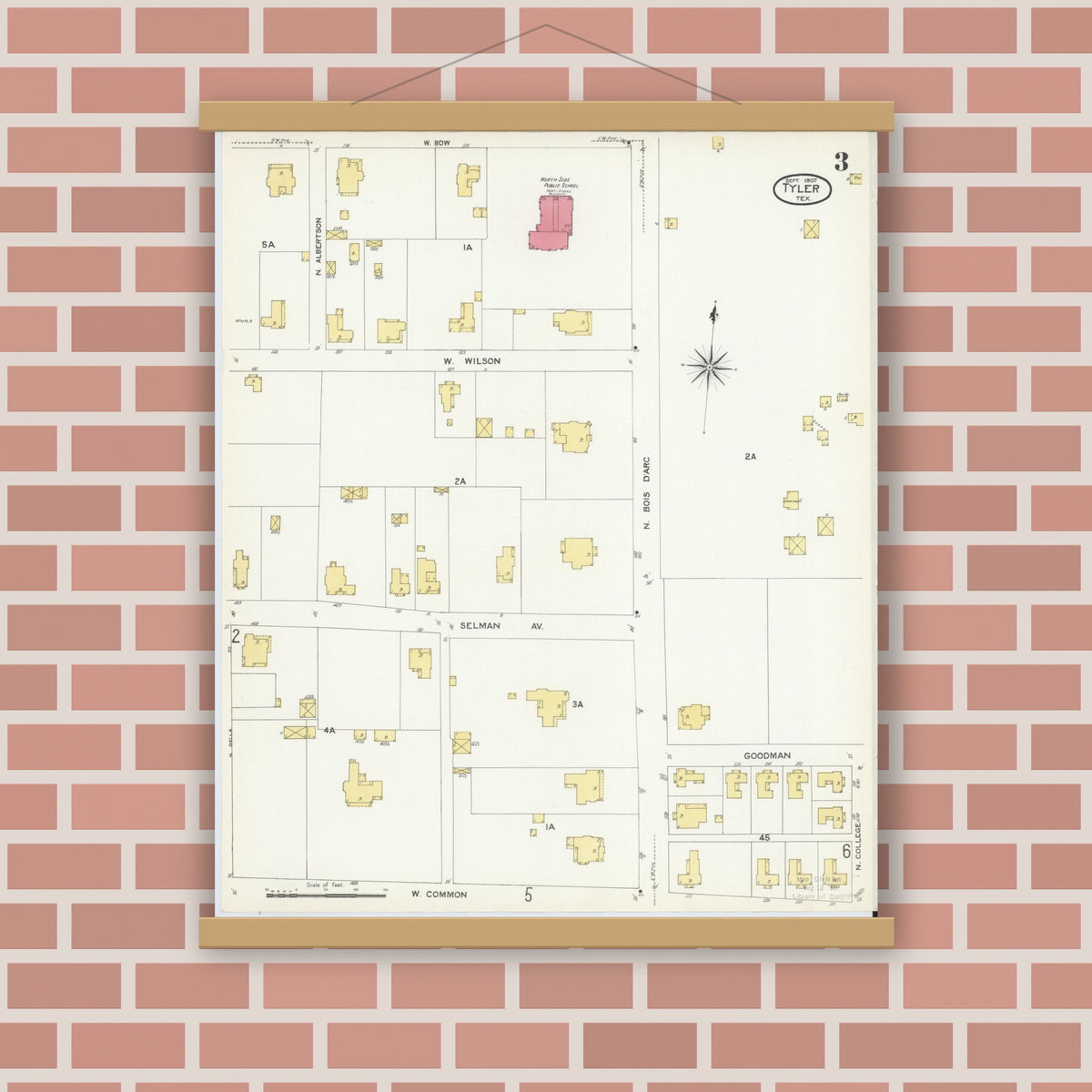 Old map wall art mockup — magnetic wood frame on brick wall — Sanborn Fire Insurance Map from Tyler, Smith County, Texas (1907), Sheet #0003