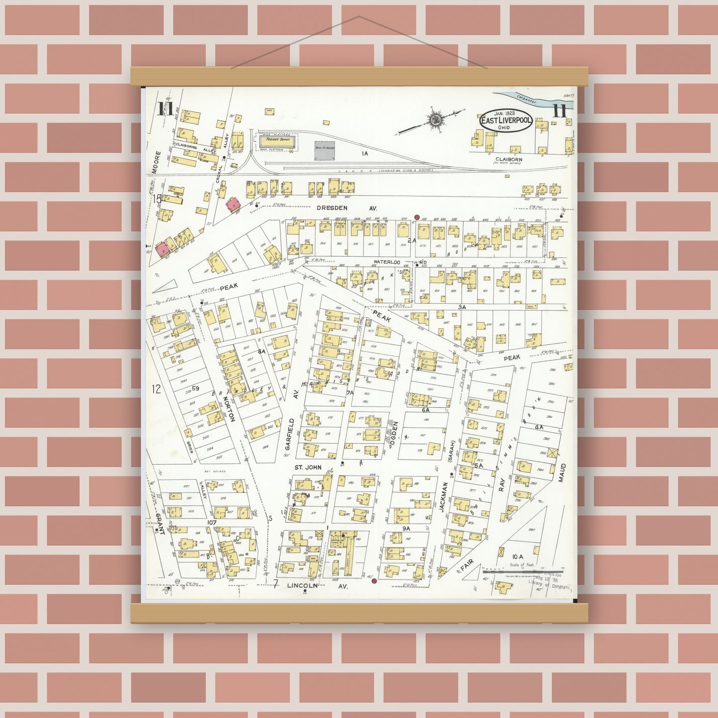 Old map wall art mockup — magnetic wood frame on brick wall — Sanborn Fire Insurance Map from East Liverpool, Columbiana County, Ohio (1923), Sheet #0011