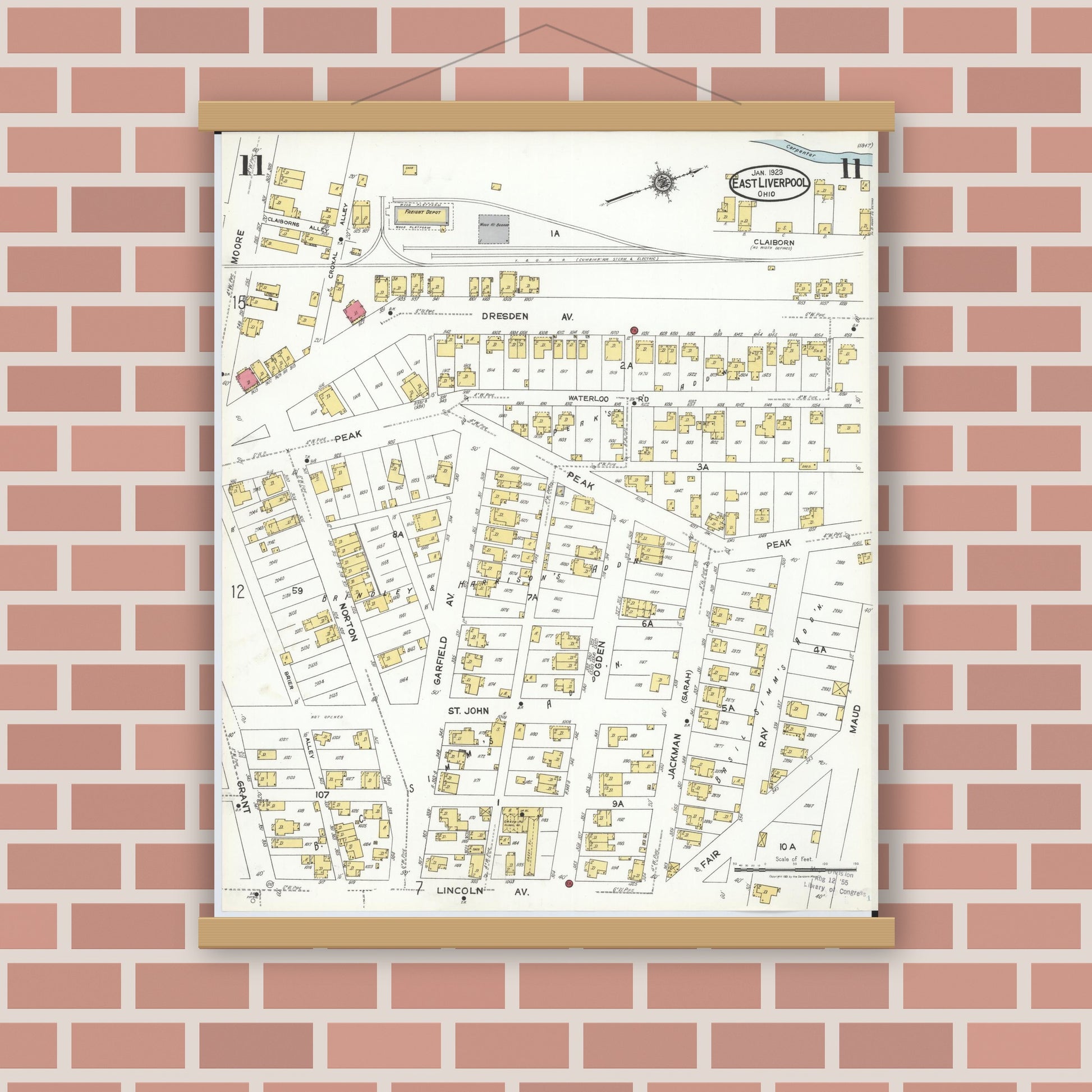 Old map wall art mockup — magnetic wood frame on brick wall — Sanborn Fire Insurance Map from East Liverpool, Columbiana County, Ohio (1923), Sheet #0011