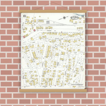 Old map wall art mockup — magnetic wood frame on brick wall — Sanborn Fire Insurance Map from East Liverpool, Columbiana County, Ohio (1923), Sheet #0011