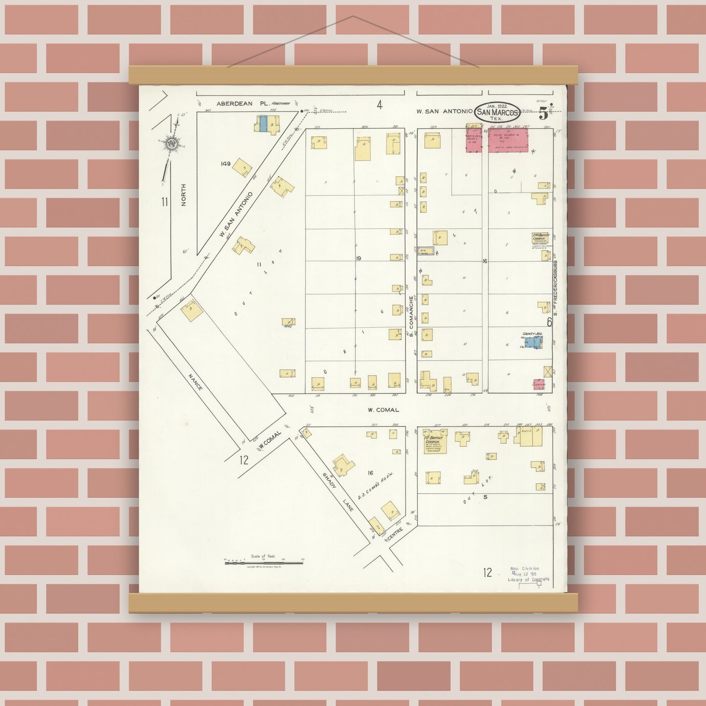 Old map wall art mockup — magnetic wood frame on brick wall — Sanborn Fire Insurance Map from San Marcos, Hays County, Texas (1922), Sheet #0005