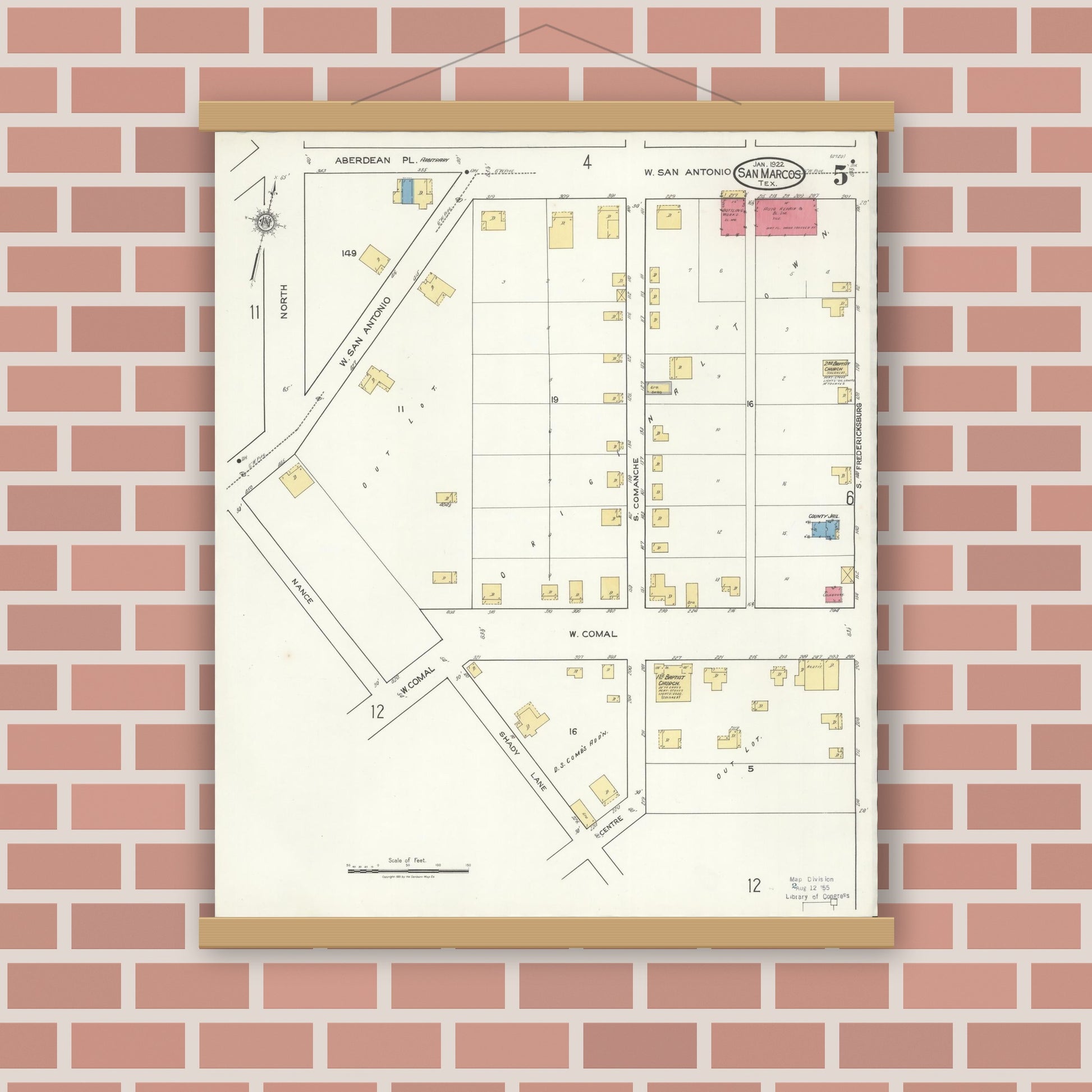 Old map wall art mockup — magnetic wood frame on brick wall — Sanborn Fire Insurance Map from San Marcos, Hays County, Texas (1922), Sheet #0005
