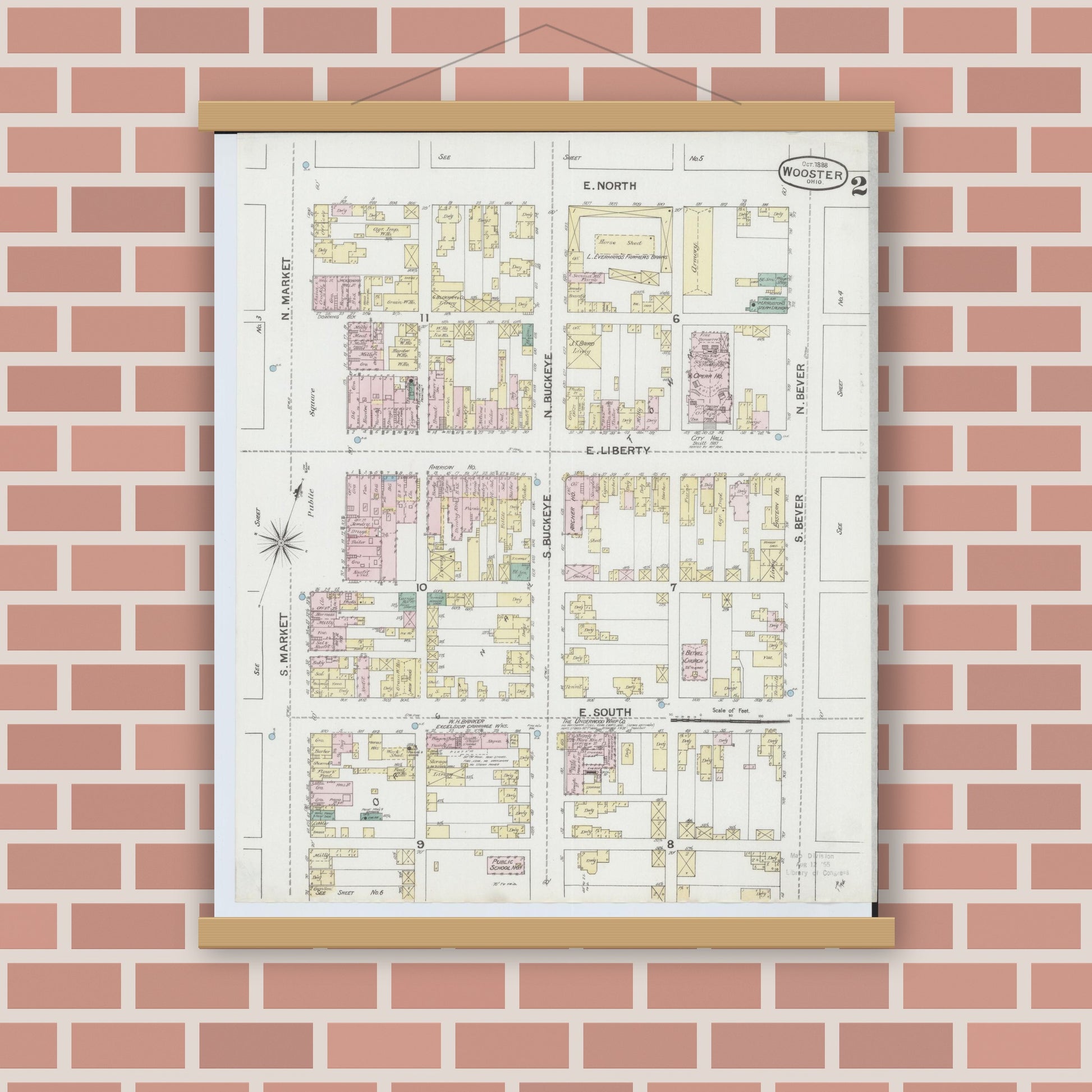 Old map wall art mockup — magnetic wood frame on brick wall — Sanborn Fire Insurance Map from Wooster, Wayne County, Ohio (1888), Sheet #0002