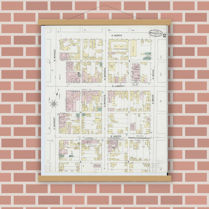 Old map wall art mockup — magnetic wood frame on brick wall — Sanborn Fire Insurance Map from Wooster, Wayne County, Ohio (1888), Sheet #0002
