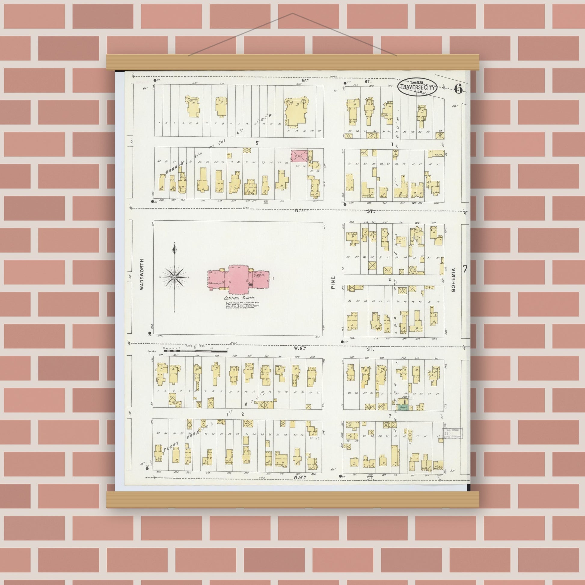 Old map wall art mockup — magnetic wood frame on brick wall — Sanborn Fire Insurance Map from Traverse City, Grand Traverse County, Michigan (1899), Sheet #0006