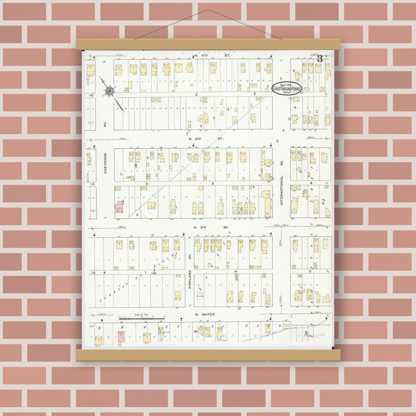 Old map wall art mockup — magnetic wood frame on brick wall — Sanborn Fire Insurance Map from East Grand Forks, Polk County, Minnesota (1914), Sheet #0003
