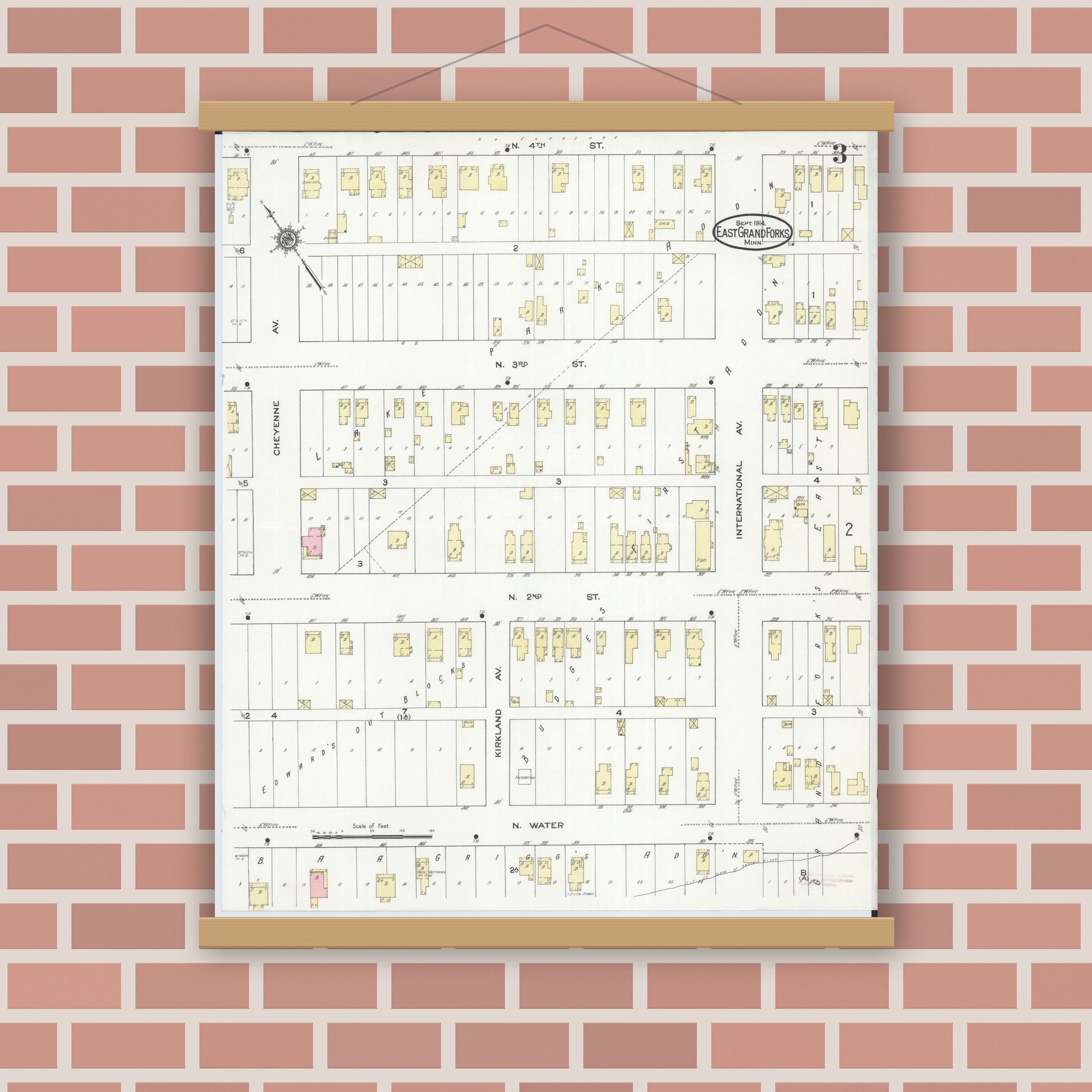 Old map wall art mockup — magnetic wood frame on brick wall — Sanborn Fire Insurance Map from East Grand Forks, Polk County, Minnesota (1914), Sheet #0003