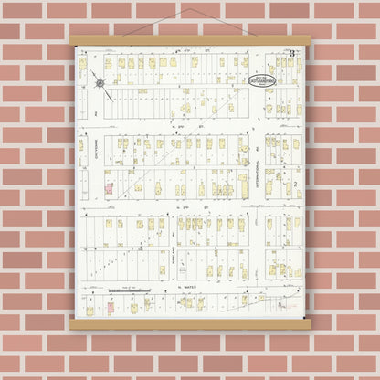 Old map wall art mockup — magnetic wood frame on brick wall — Sanborn Fire Insurance Map from East Grand Forks, Polk County, Minnesota (1914), Sheet #0003
