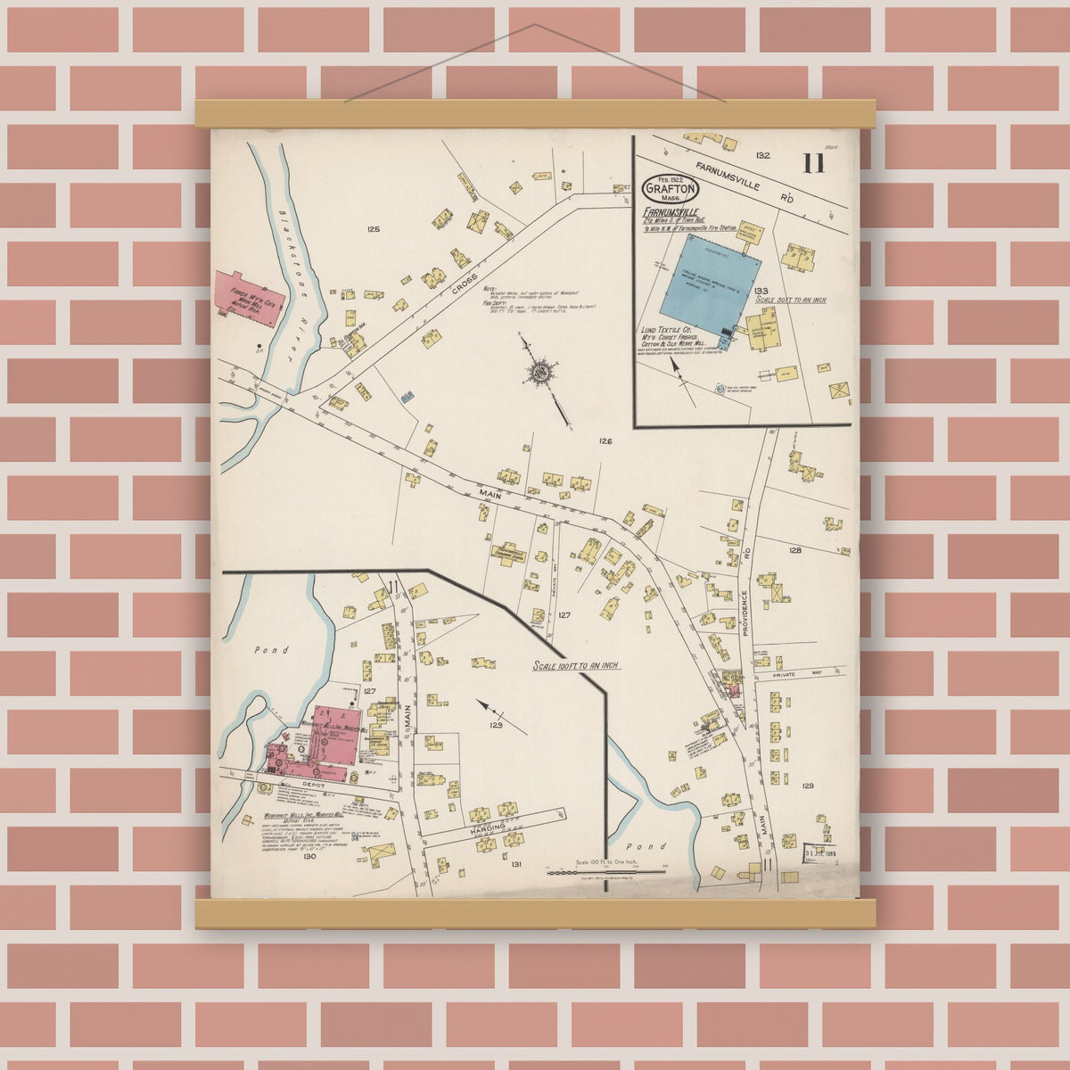 Old map wall art mockup — magnetic wood frame on brick wall — Sanborn Fire Insurance Map from Grafton, Worcester County, Massachusetts (1922), Sheet #0011