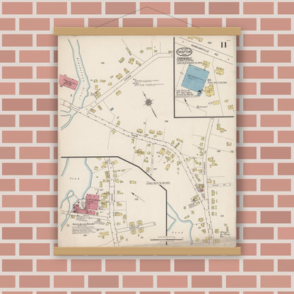 Old map wall art mockup — magnetic wood frame on brick wall — Sanborn Fire Insurance Map from Grafton, Worcester County, Massachusetts (1922), Sheet #0011