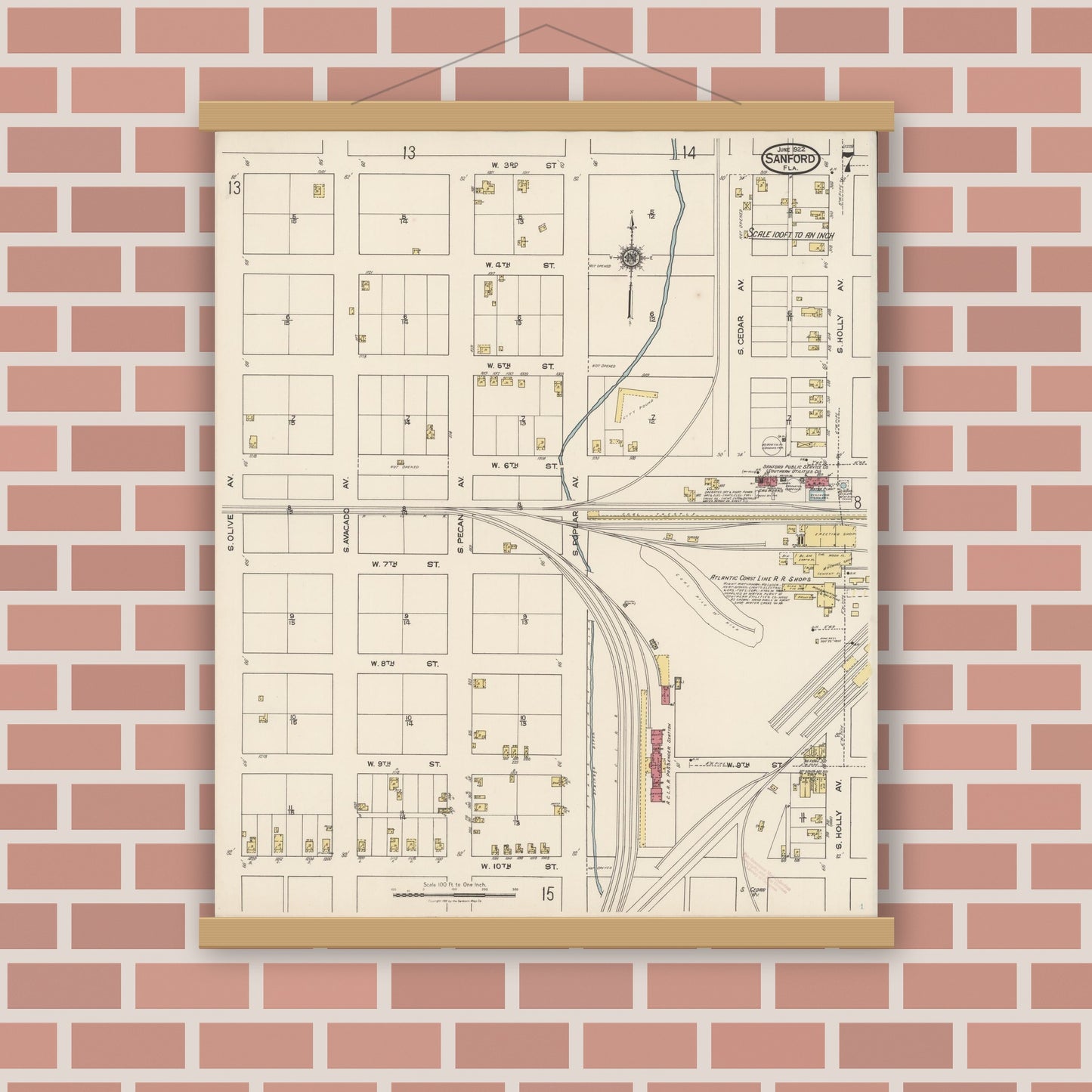 Old map wall art mockup — magnetic wood frame on brick wall — Sanborn Fire Insurance Map from Sanford, Seminole County, Florida (1922), Sheet #0007
