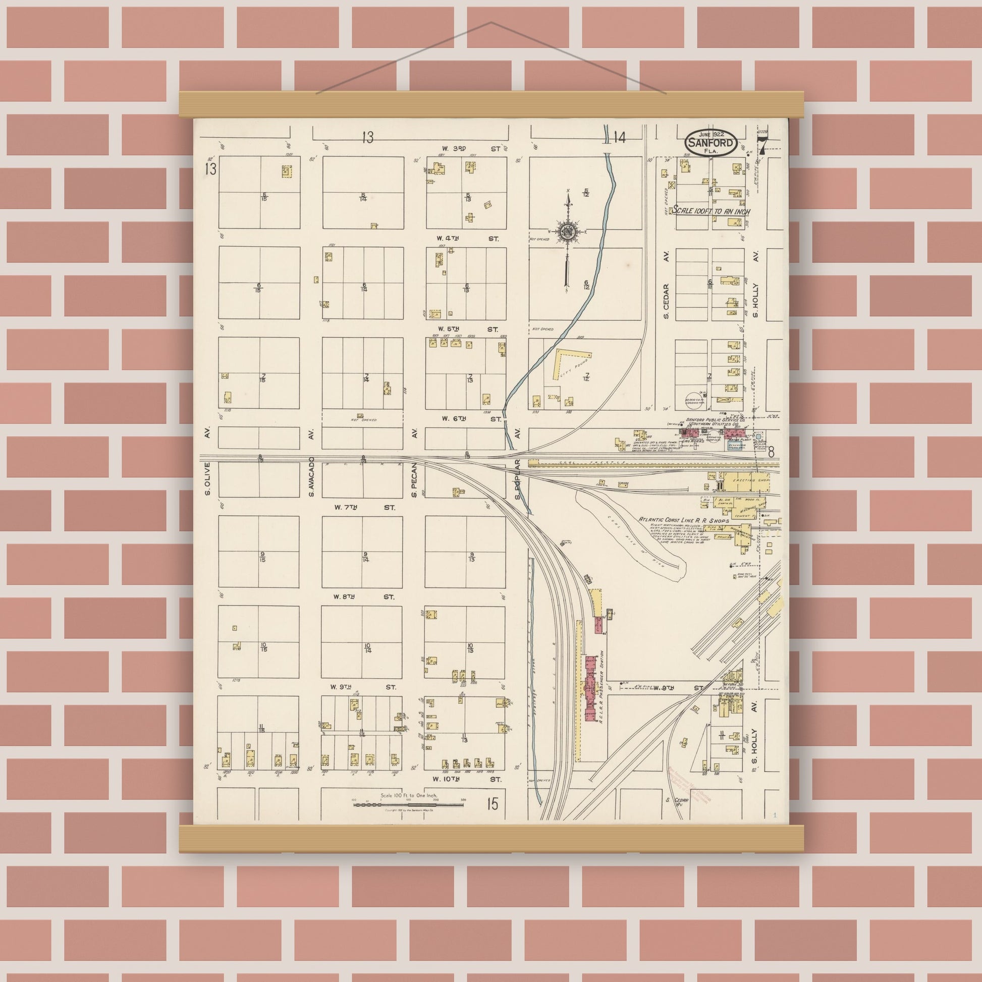 Old map wall art mockup — magnetic wood frame on brick wall — Sanborn Fire Insurance Map from Sanford, Seminole County, Florida (1922), Sheet #0007