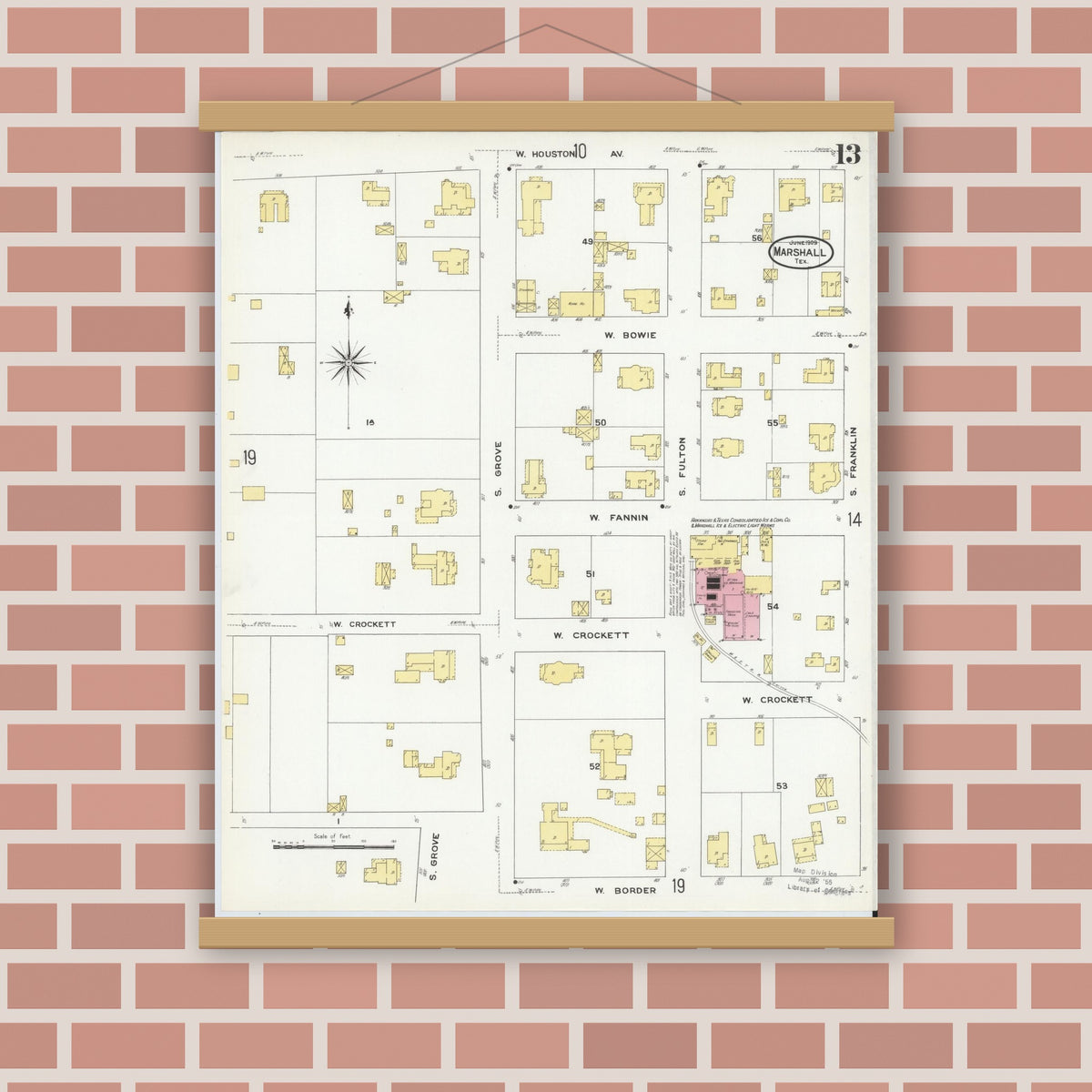 Old map wall art mockup — magnetic wood frame on brick wall — Sanborn Fire Insurance Map from Marshall, Harrison County, Texas (1909), Sheet #0013
