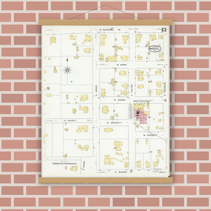 Old map wall art mockup — magnetic wood frame on brick wall — Sanborn Fire Insurance Map from Marshall, Harrison County, Texas (1909), Sheet #0013