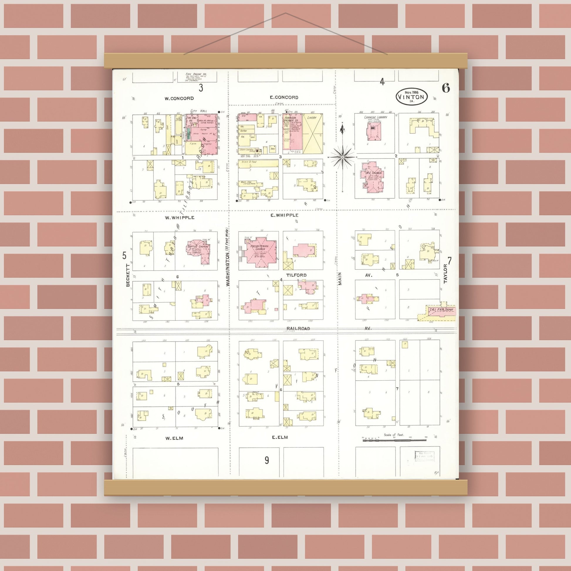 Old map wall art mockup — magnetic wood frame on brick wall — Sanborn Fire Insurance Map from Vinton, Benton County, Iowa (1906), Sheet #0006