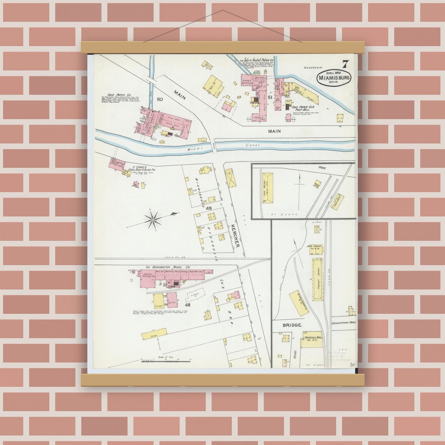 Old map wall art mockup — magnetic wood frame on brick wall — Sanborn Fire Insurance Map from Miamisburg, Montgomery County, Ohio (1892), Sheet #0007