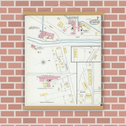 Old map wall art mockup — magnetic wood frame on brick wall — Sanborn Fire Insurance Map from Miamisburg, Montgomery County, Ohio (1892), Sheet #0007