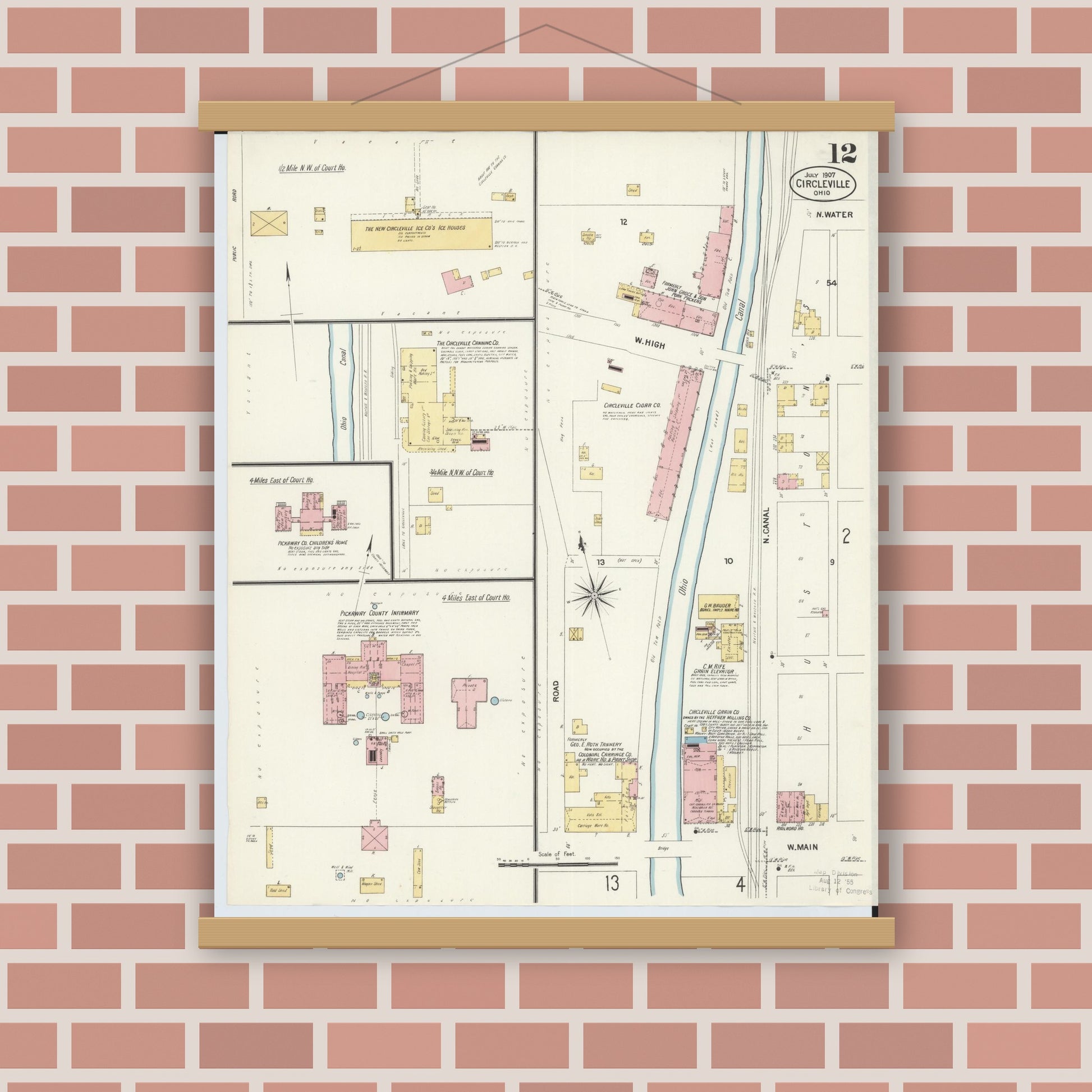 Old map wall art mockup — magnetic wood frame on brick wall — Sanborn Fire Insurance Map from Circleville, Pickaway County, Ohio (1907), Sheet #0012