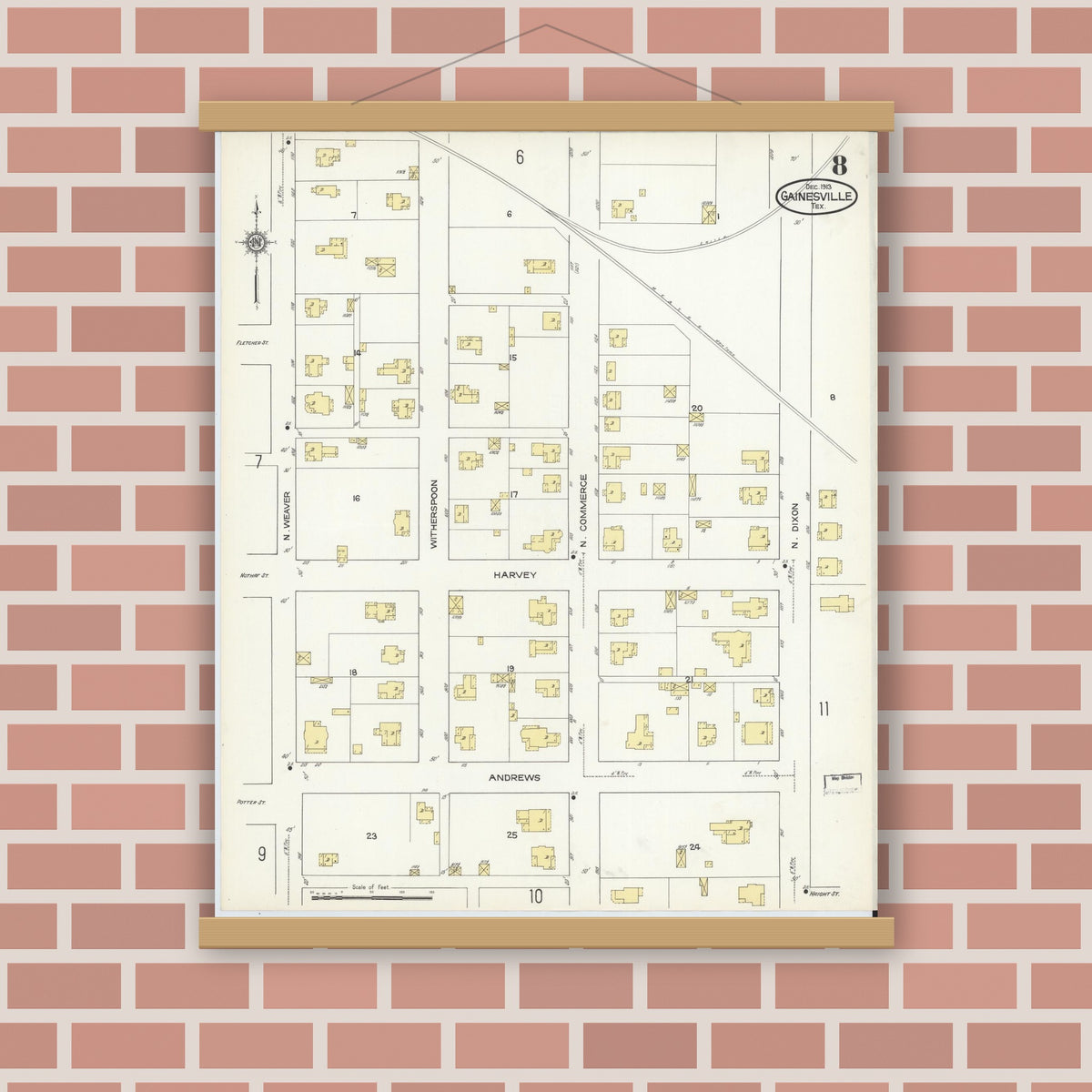 Old map wall art mockup — magnetic wood frame on brick wall — Sanborn Fire Insurance Map from Gainesville, Cooke County, Texas (1913), Sheet #0008