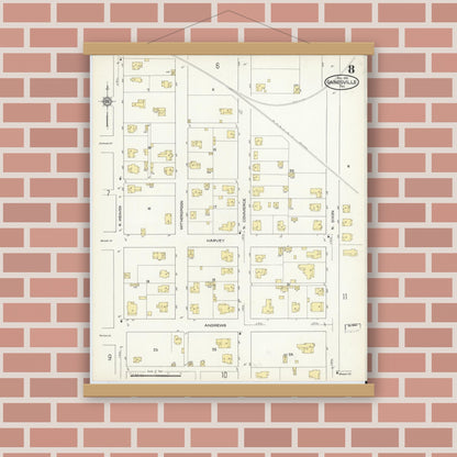 Old map wall art mockup — magnetic wood frame on brick wall — Sanborn Fire Insurance Map from Gainesville, Cooke County, Texas (1913), Sheet #0008