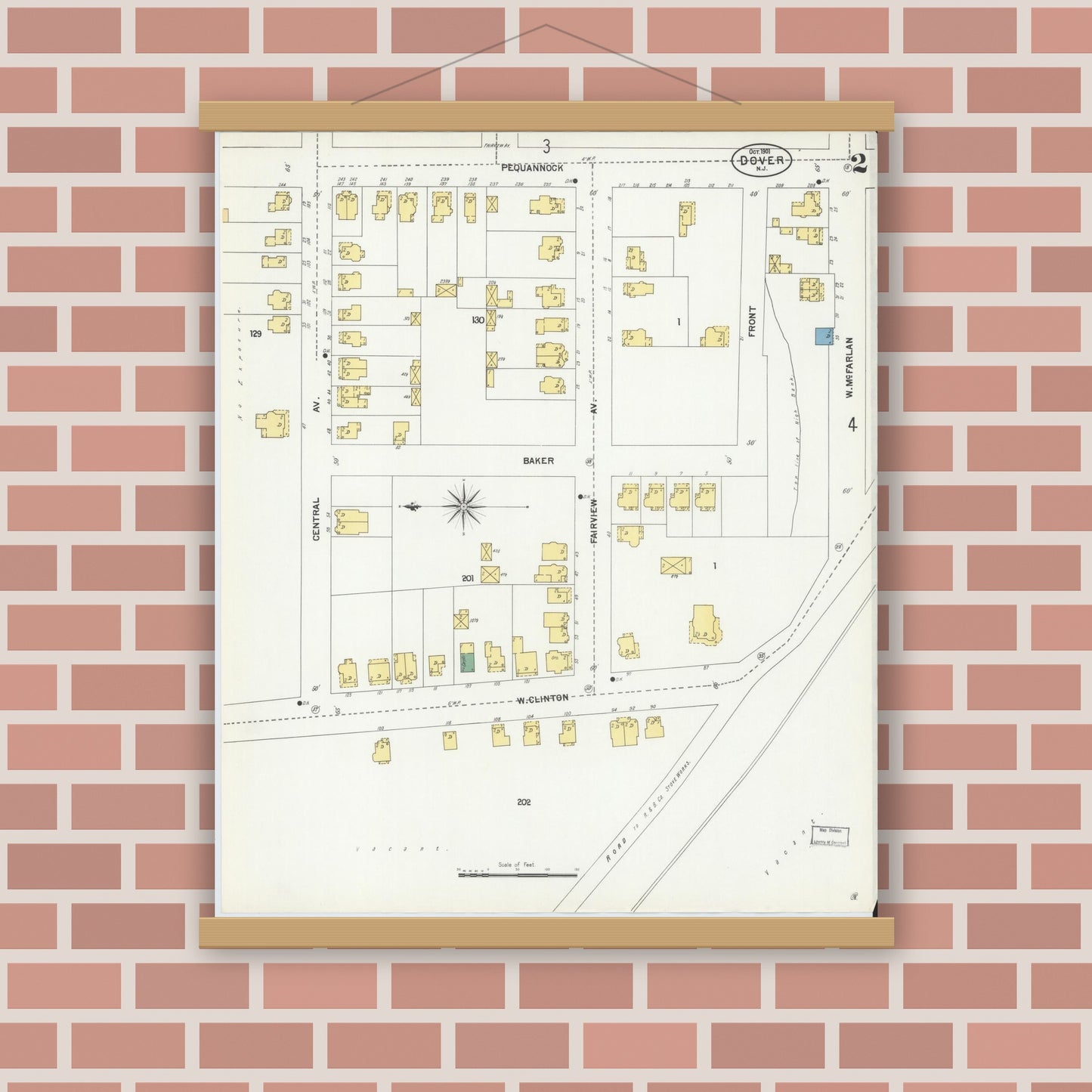 Old map wall art mockup — magnetic wood frame on brick wall — Sanborn Fire Insurance Map from Dover, Morris County, New Jersey (1900), Sheet #0002