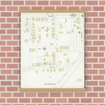 Old map wall art mockup — magnetic wood frame on brick wall — Sanborn Fire Insurance Map from Dover, Morris County, New Jersey (1900), Sheet #0002
