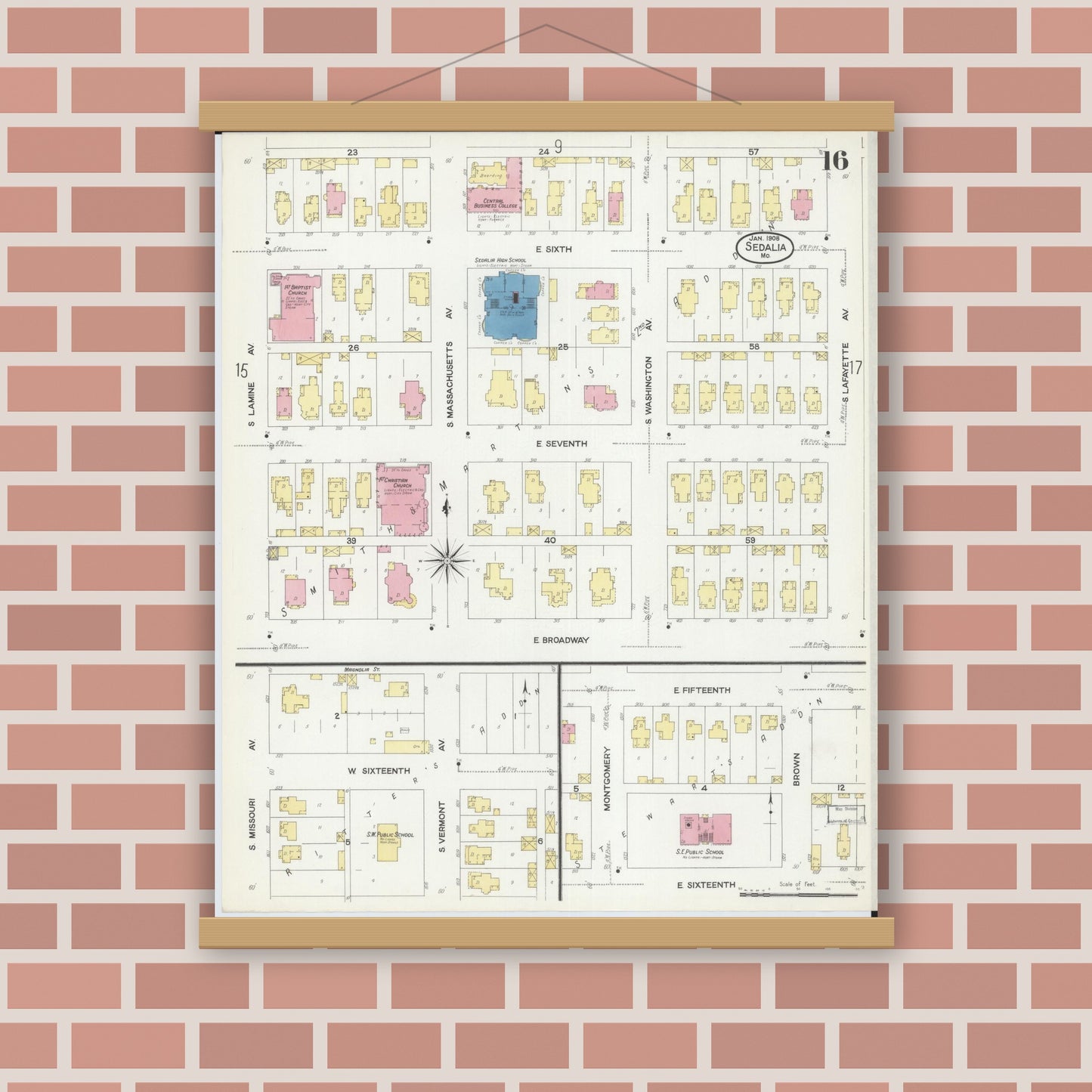 Old map wall art mockup — magnetic wood frame on brick wall — Sanborn Fire Insurance Map from Sedalia, Pettis County, Missouri (1908), Sheet #0016