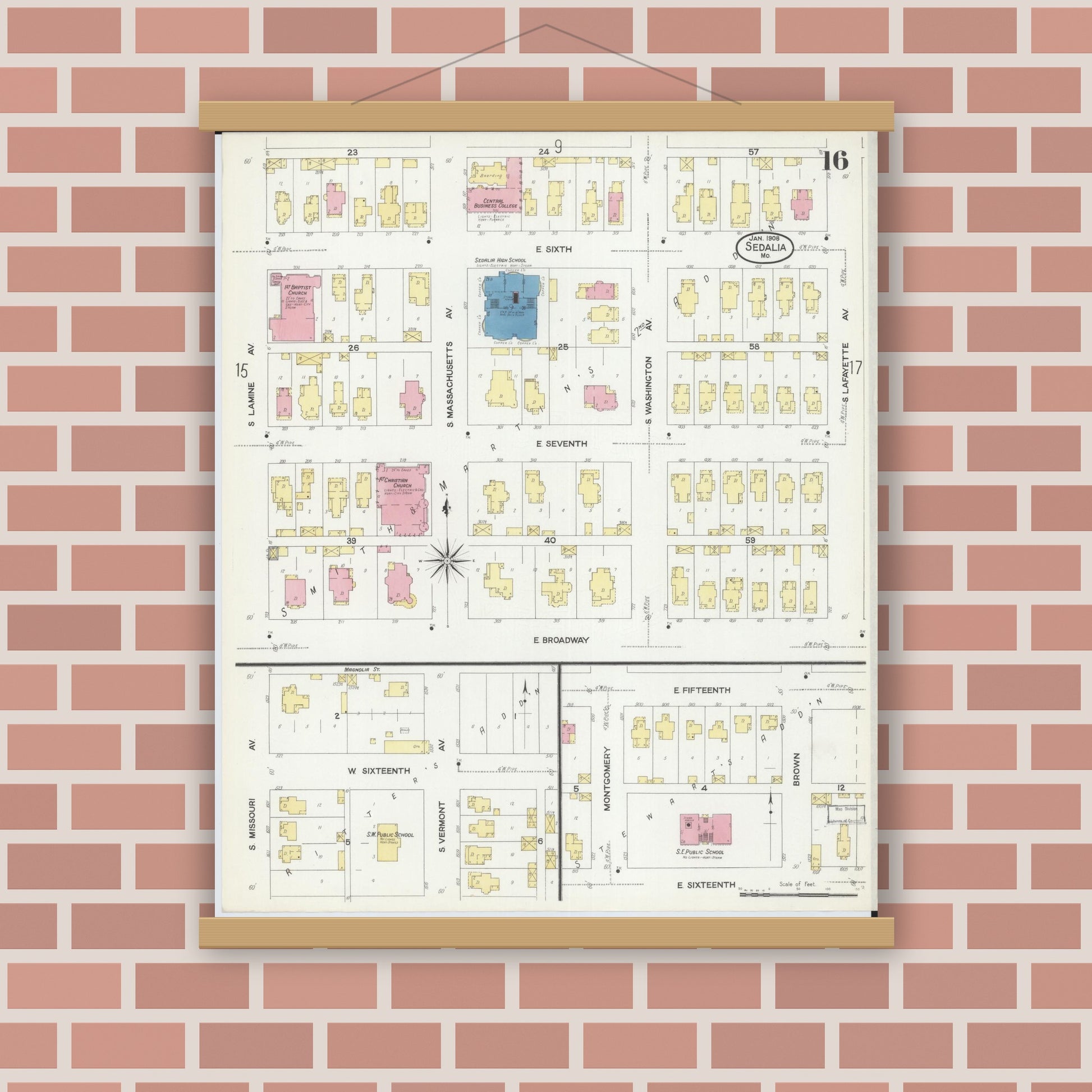 Old map wall art mockup — magnetic wood frame on brick wall — Sanborn Fire Insurance Map from Sedalia, Pettis County, Missouri (1908), Sheet #0016