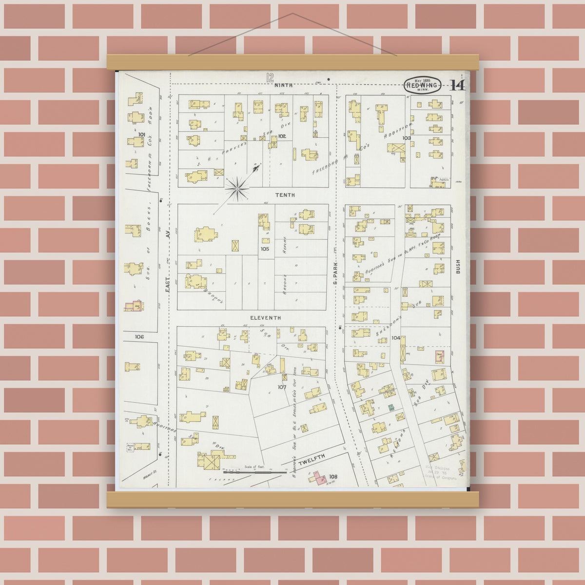 Old map wall art mockup — magnetic wood frame on brick wall — Sanborn Fire Insurance Map from Red Wing, Goodhue County, Minnesota (1895), Sheet #0014