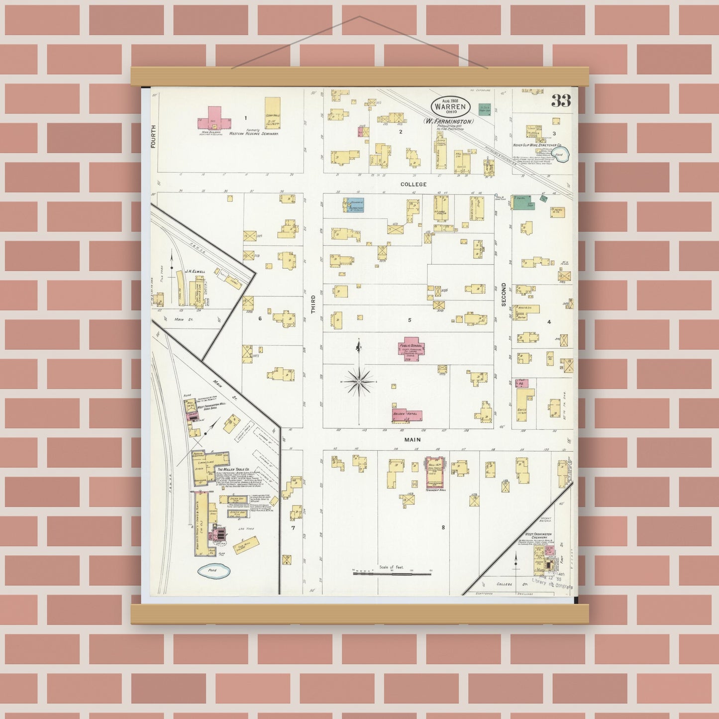 Old map wall art mockup — magnetic wood frame on brick wall — Sanborn Fire Insurance Map from Warren, Trumbull County, Ohio (1908), Sheet #0033