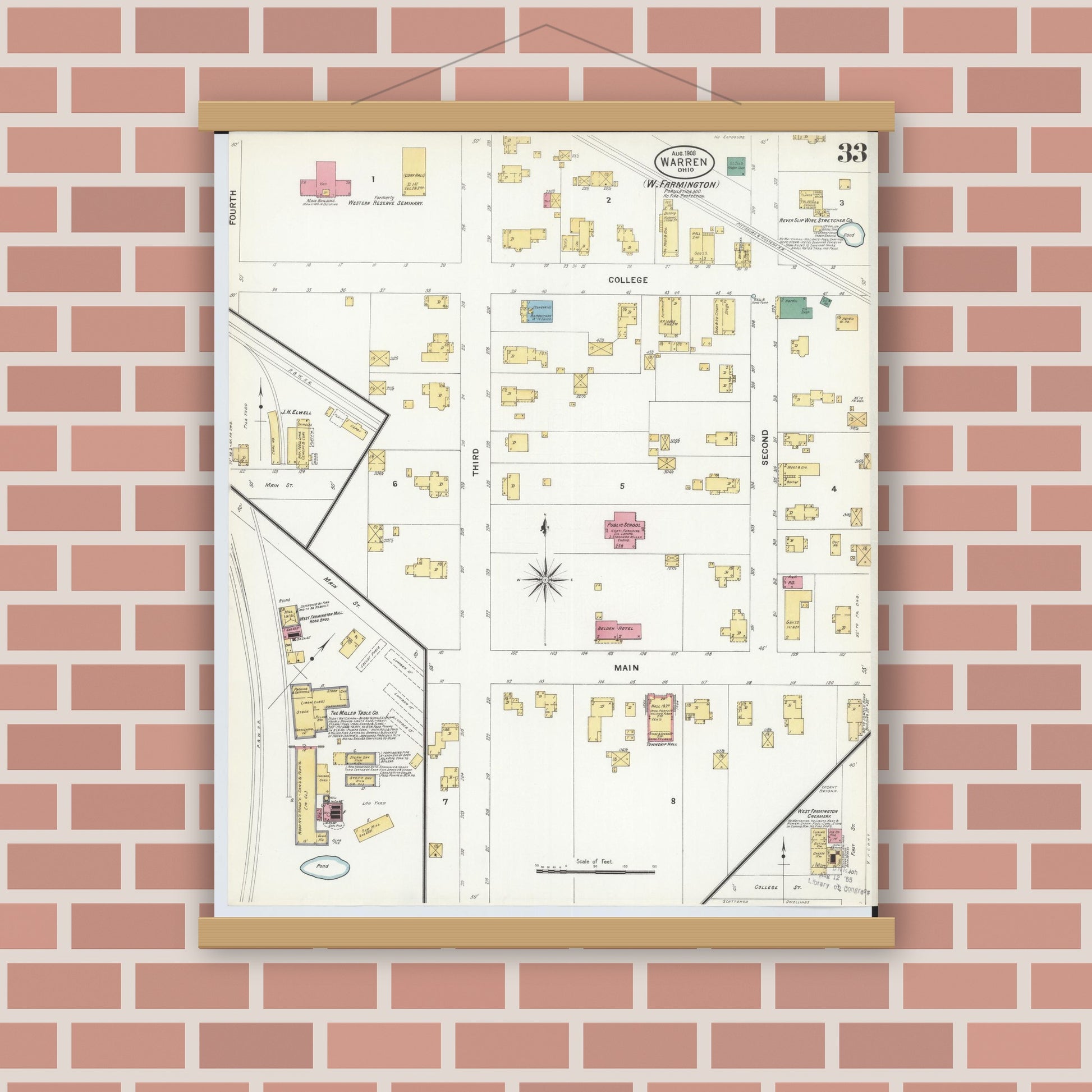 Old map wall art mockup — magnetic wood frame on brick wall — Sanborn Fire Insurance Map from Warren, Trumbull County, Ohio (1908), Sheet #0033