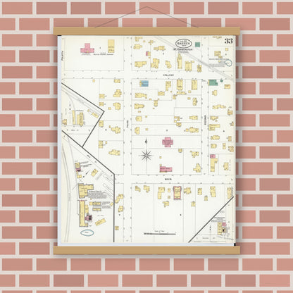 Old map wall art mockup — magnetic wood frame on brick wall — Sanborn Fire Insurance Map from Warren, Trumbull County, Ohio (1908), Sheet #0033
