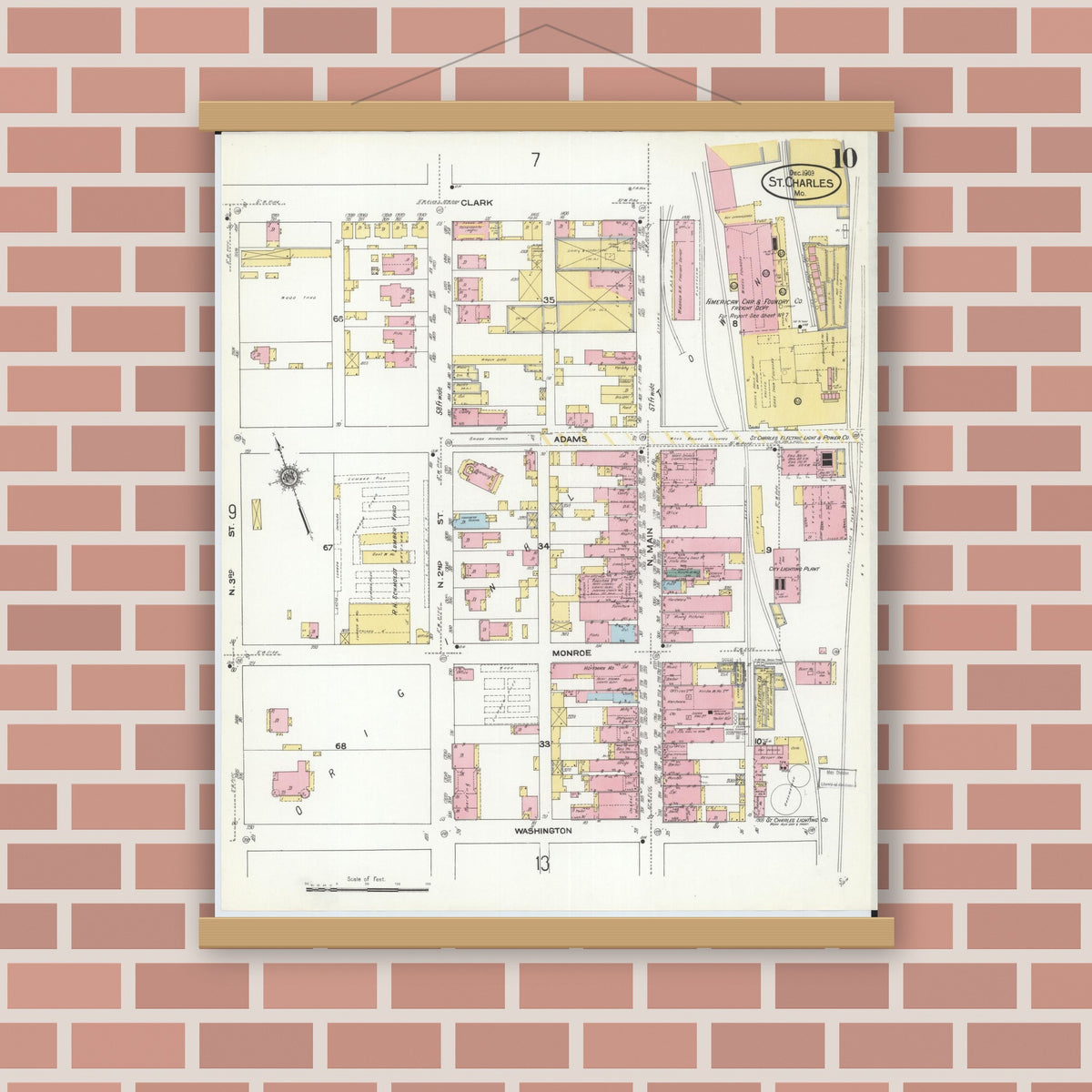 Old map wall art mockup — magnetic wood frame on brick wall — Sanborn Fire Insurance Map from Saint Charles, Saint Charles County, Missouri (1909), Sheet #0010