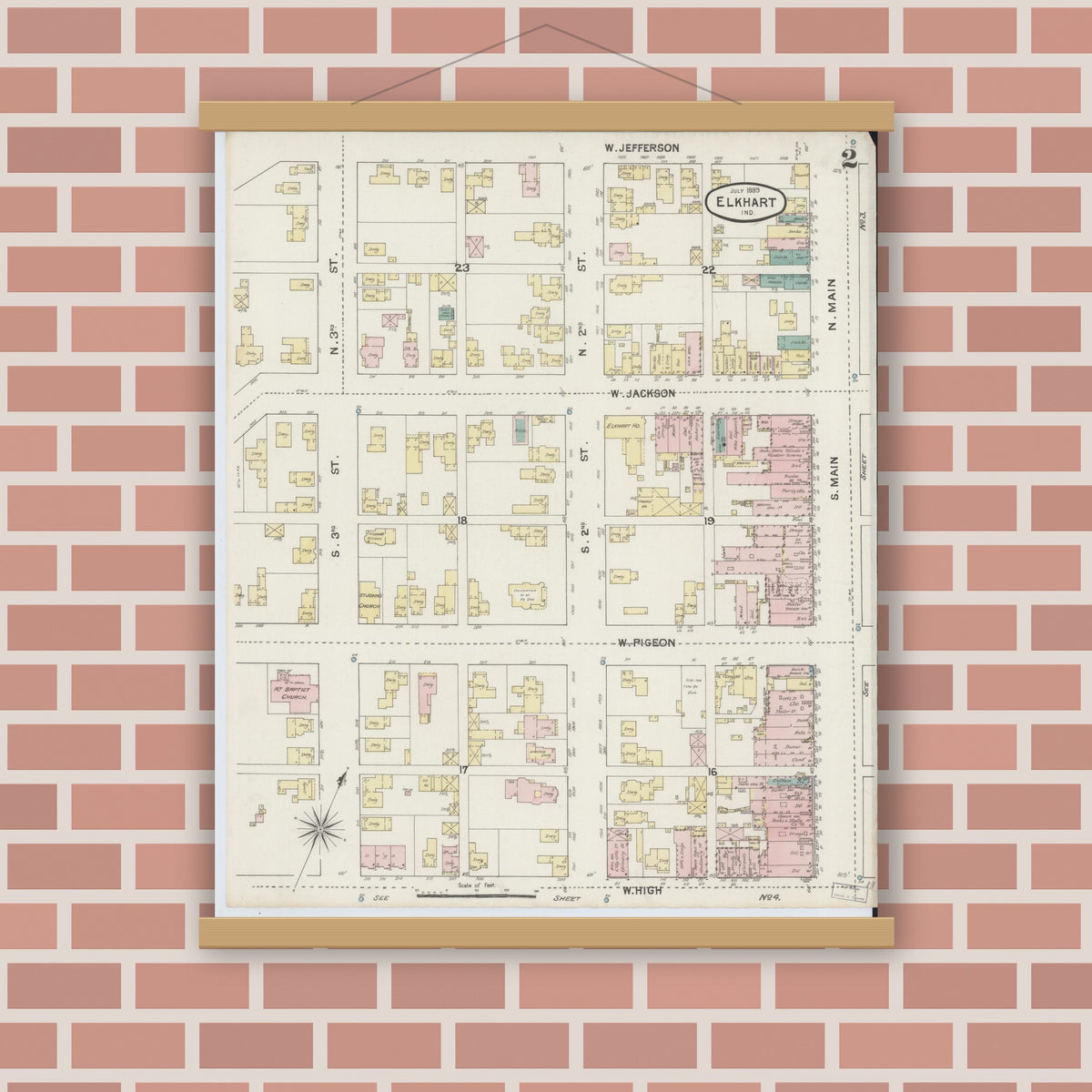 Old map wall art mockup — magnetic wood frame on brick wall — Sanborn Fire Insurance Map from Elkhart, Elkhart County, Indiana (1889), Sheet #0002