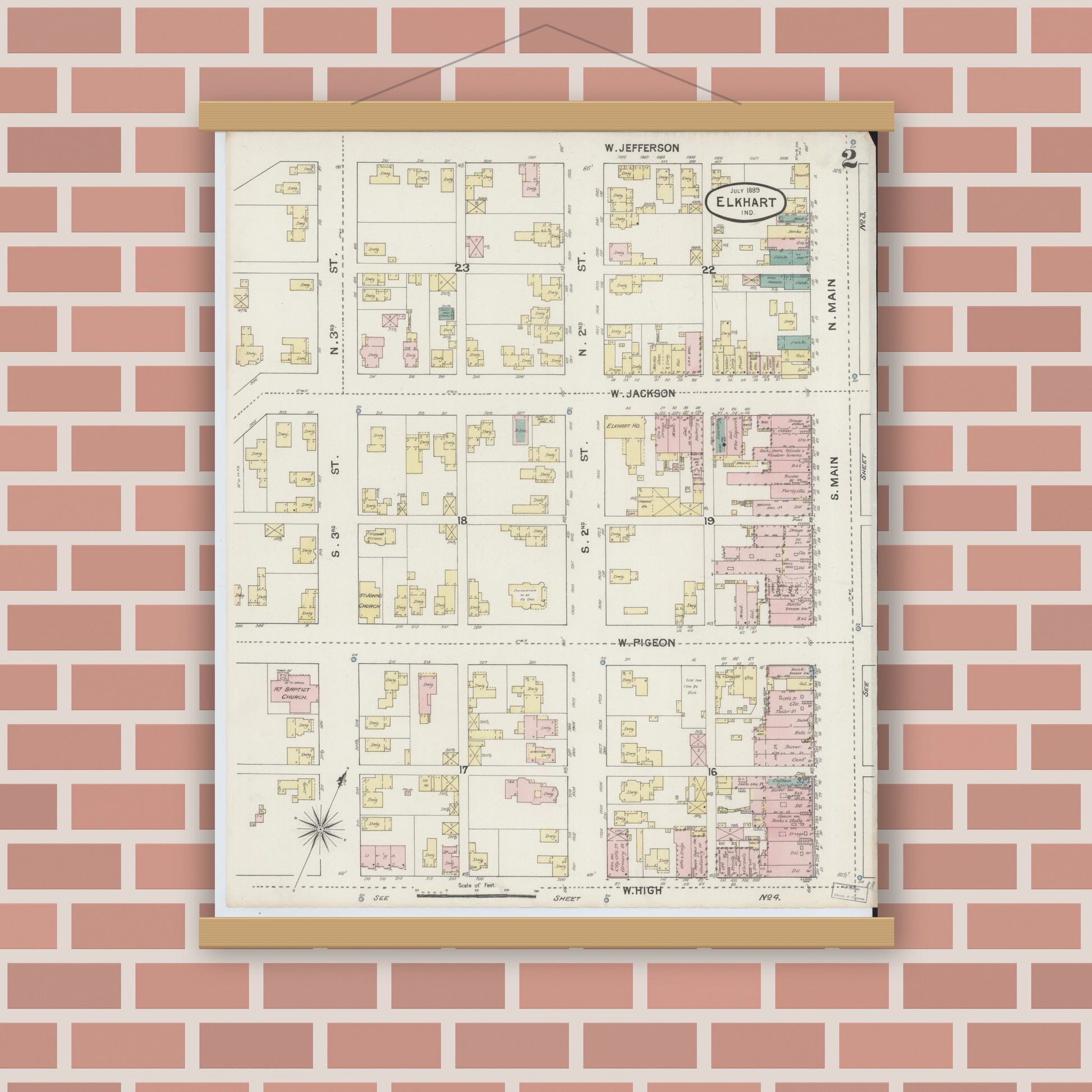 Old map wall art mockup — magnetic wood frame on brick wall — Sanborn Fire Insurance Map from Elkhart, Elkhart County, Indiana (1889), Sheet #0002