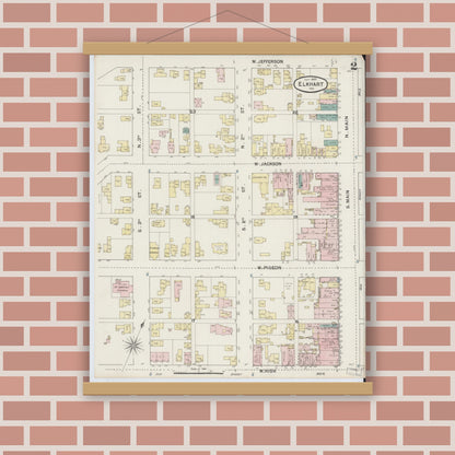Old map wall art mockup — magnetic wood frame on brick wall — Sanborn Fire Insurance Map from Elkhart, Elkhart County, Indiana (1889), Sheet #0002